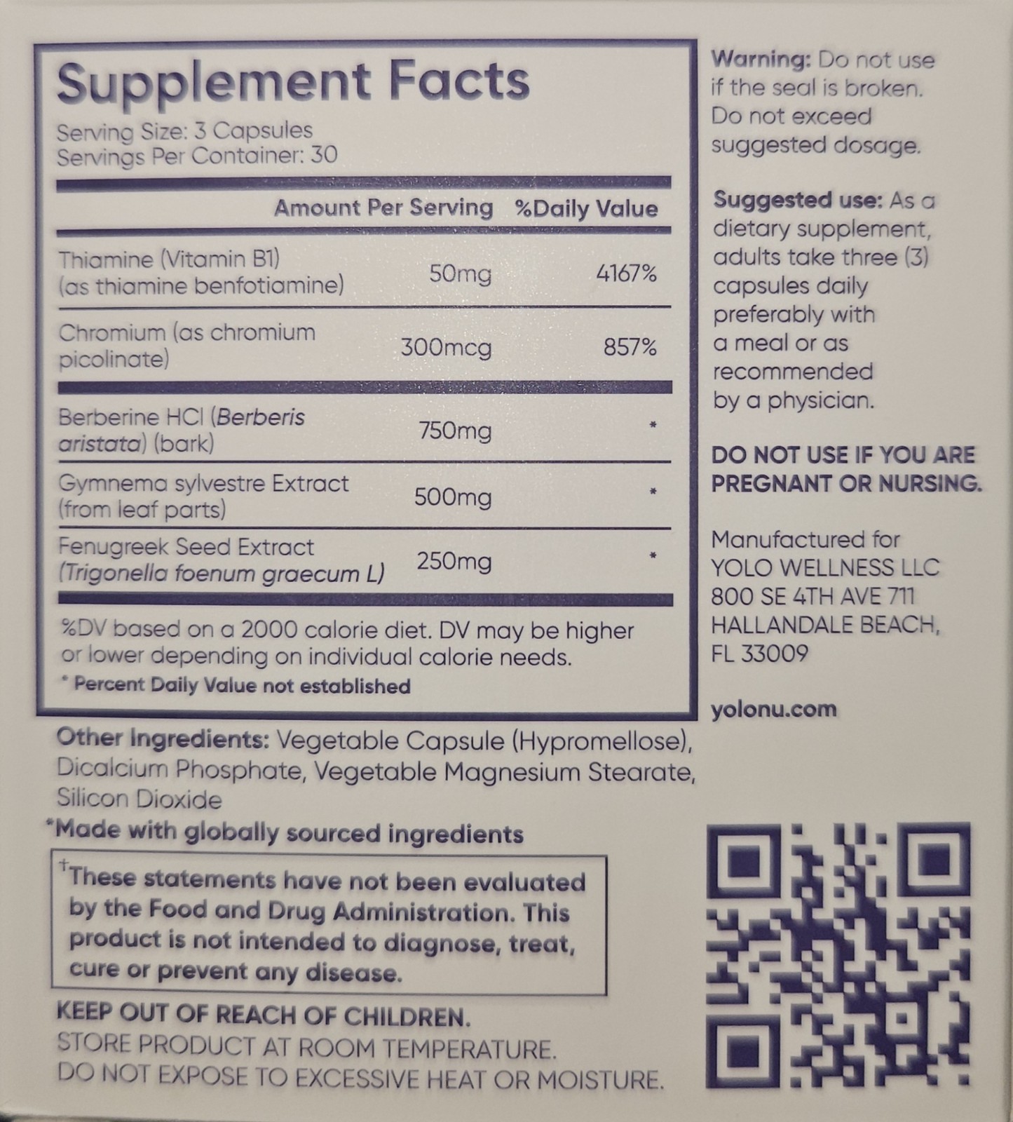 YOLO Healthy Daily Sugar Control Vegan Daily Capsules Blood Sugar Levels (90 CT)
