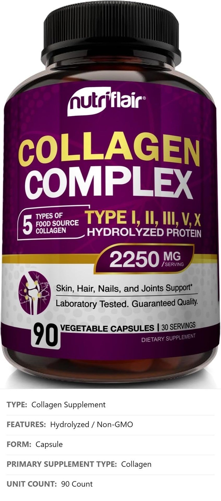 Collagen Supplement, 2250mg, 90 Capsules, Type I II III V X, Unflavored