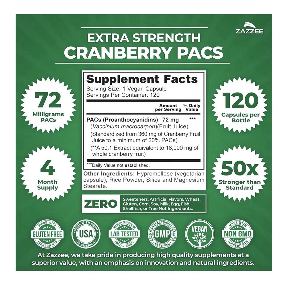 Zazzee Cranberry PACs Extra Strength Urinary Tract Support 100% Soluble 120 Caps