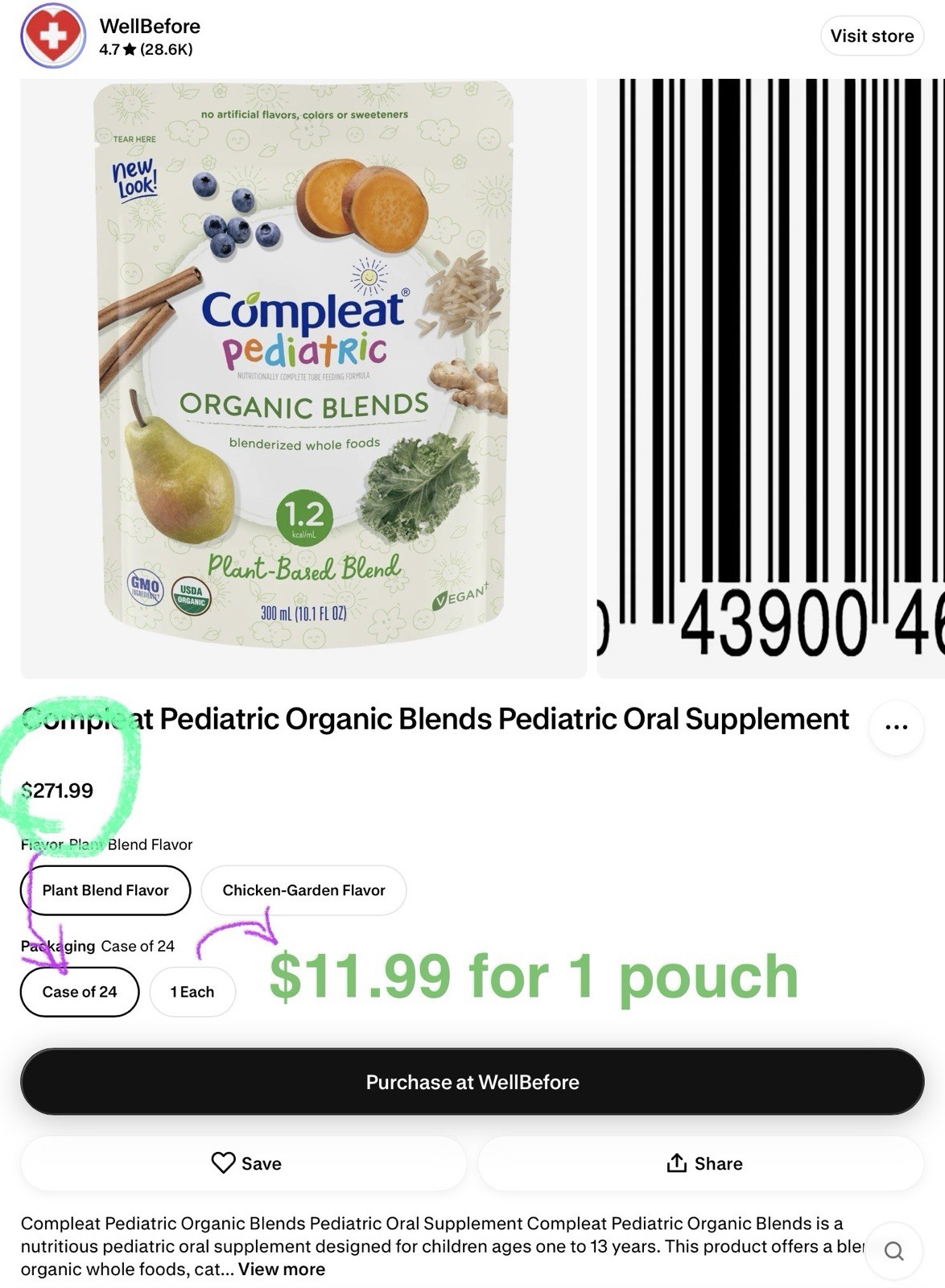 1 Box of 33 – Compleat Pediatric Organic Blend Plant Base Blended Tube Feeding