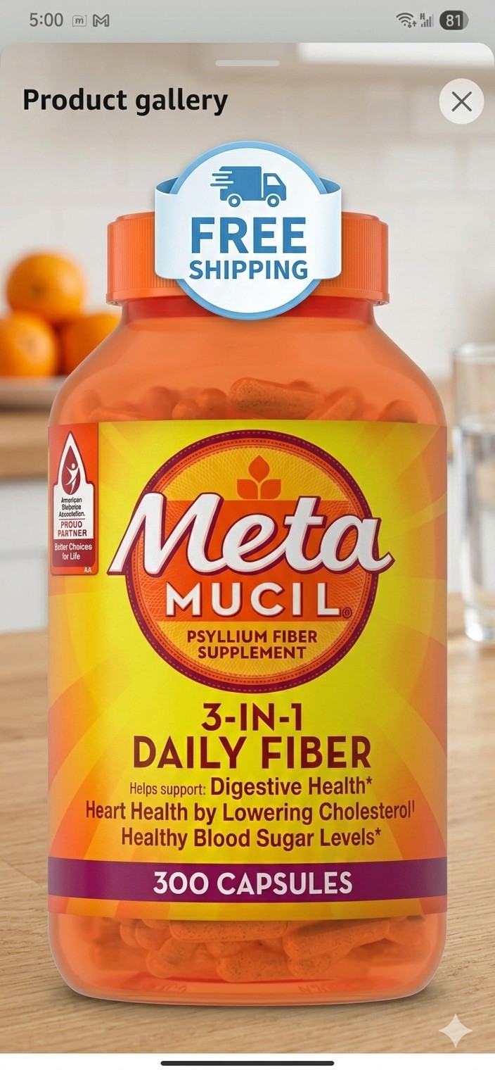 Metamucil 3-in-1 Psyllium Fiber Supplement Capsules 300 Digestive Heart Health