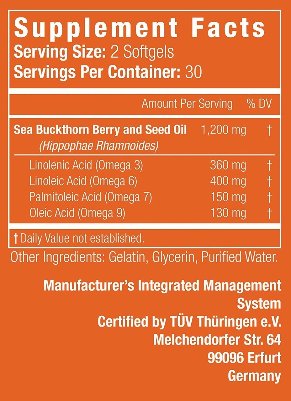COMPLETE OMEGA 3-6-7-9 * Highest Quality, Pure Sea Buckthorn Oil From Unrefined,