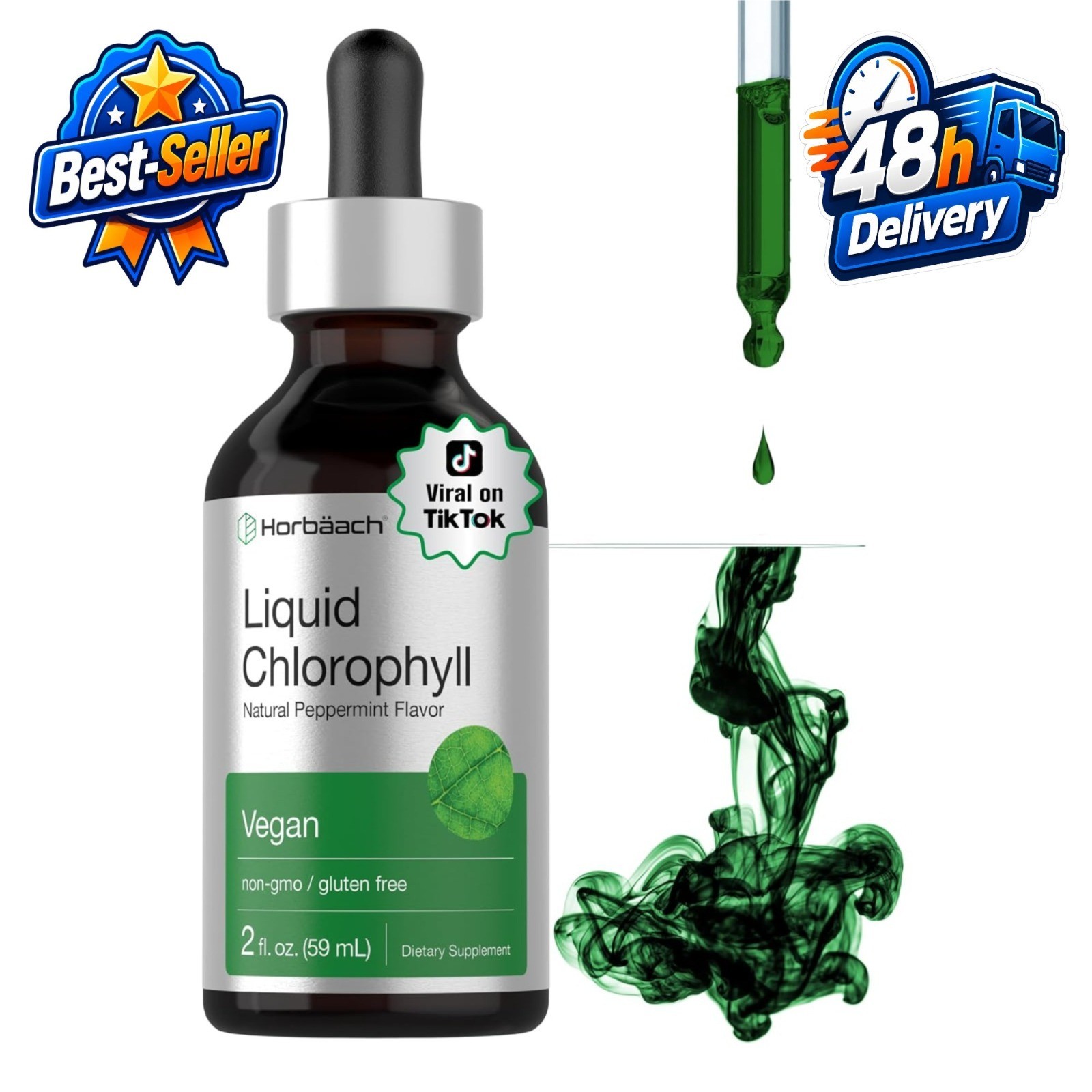 Horbäach Liquid Chlorophyll Drops 2 fl oz Peppermint Vegan Non-GMO