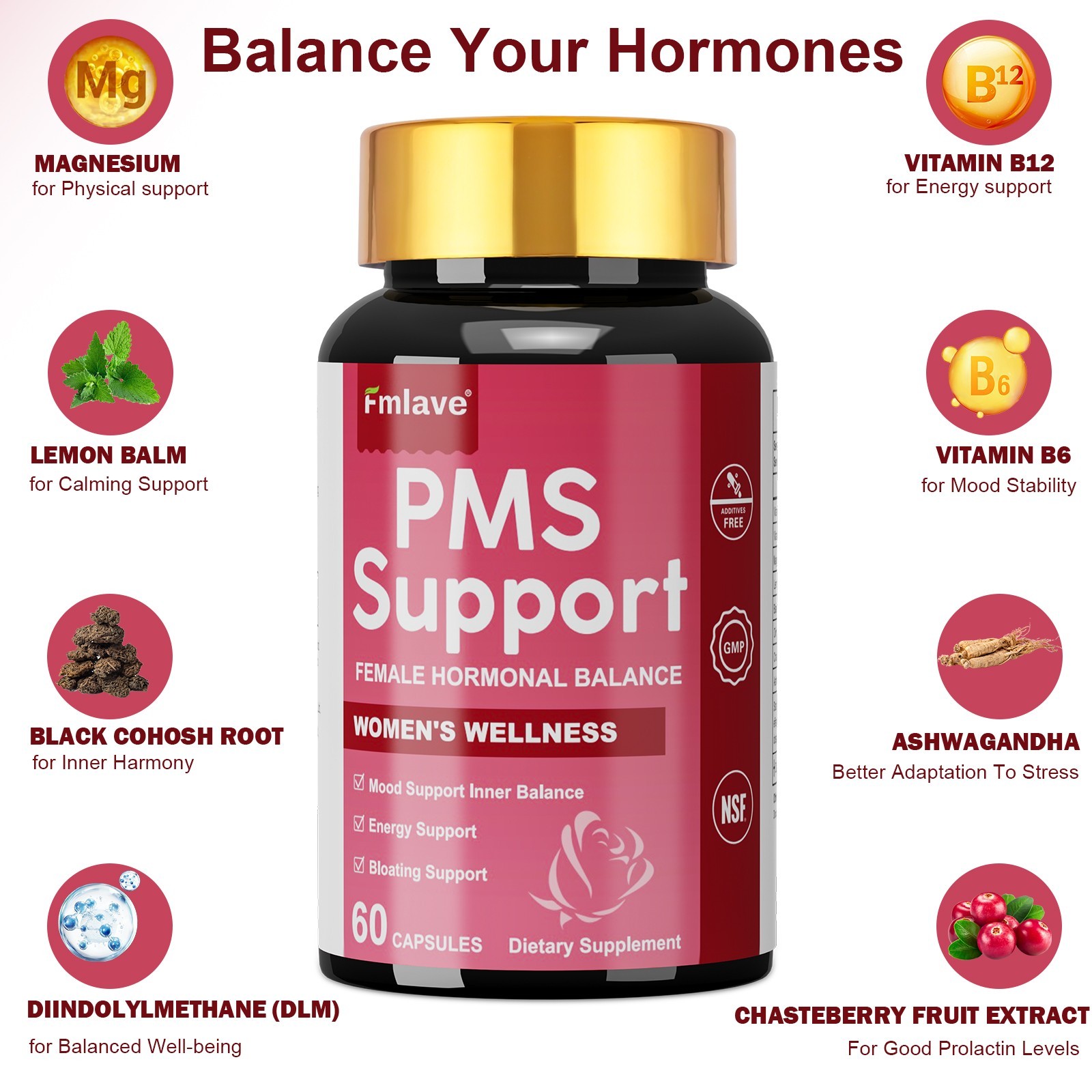 PMS Support Supplement for Women with PMS Relief Hormone Balance Period 60 caps