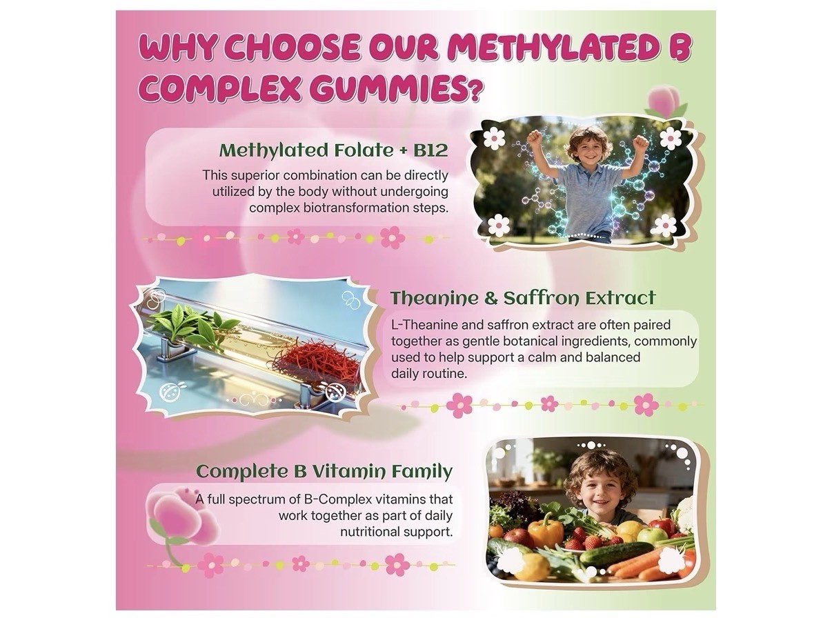 Geeoasis 13 in 1 Methylated B Complex Gummies Methylfolate B12 60 Ct Peach Vegan