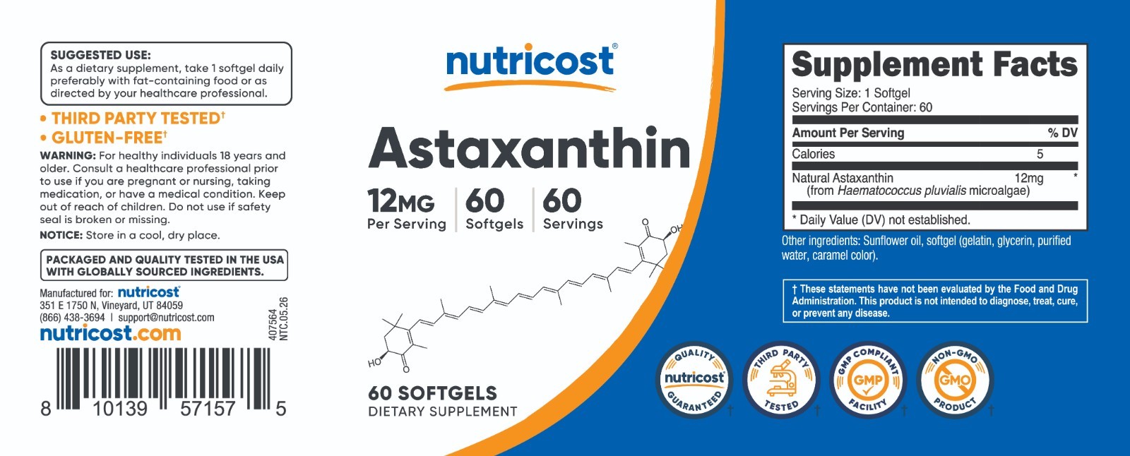 Nutricost Astaxanthin 12mg, 60 Softgel Capsules – Gluten Free and Non-GMO