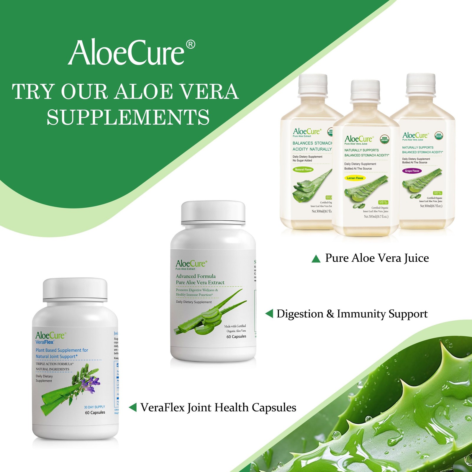 AloeCure USDA Organic Aloe Vera Juice Grape 16.7 Fl Oz (Pack of 1), White
