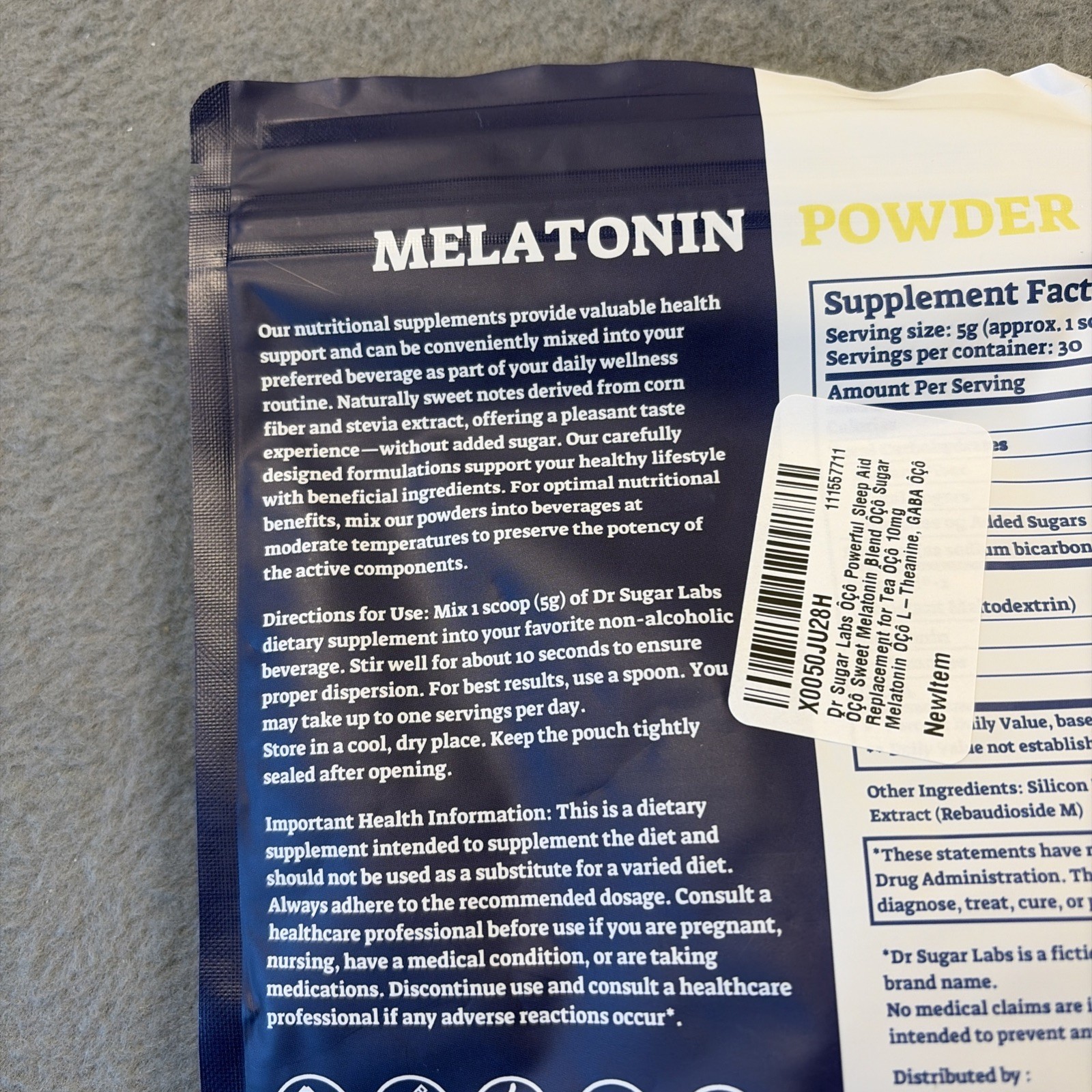 Dr Sugar Labs Melatonin L-Theanine GABA Powder 10mg Sweet Sleep Support 5.29oz