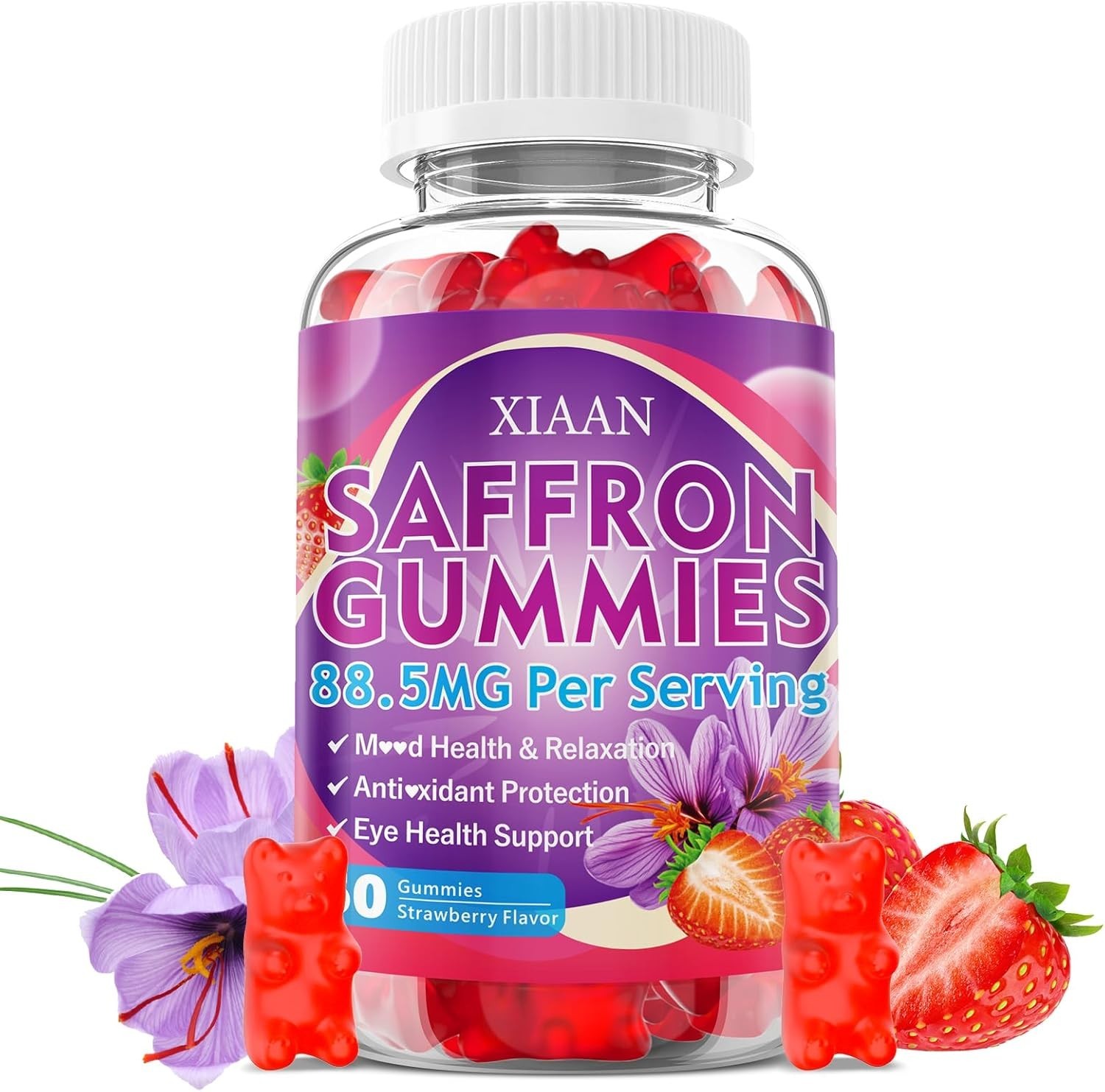XIAAN Saffron Gummies 88.5mg – 10-in-1 Calm & Focus – Sugar Free Strawberry 60ct