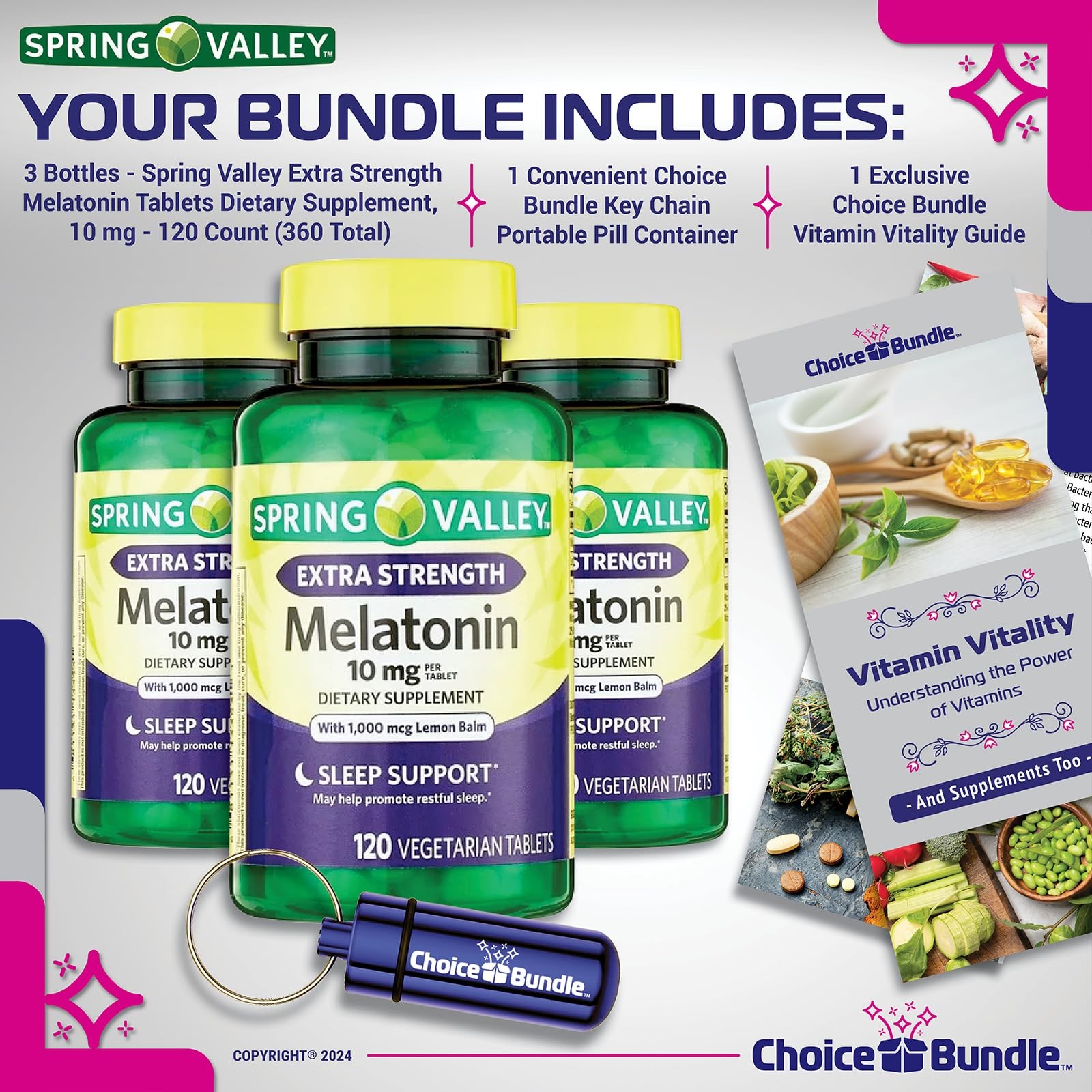 Spring Valley Melatonin 10mg Lemon Balm 3Pk (360ct) + Bonus Vit Guide & Case