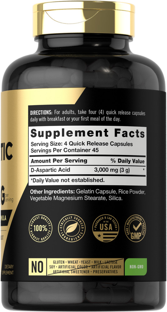 D Aspartic Acid Capsules | 3000mg | 180 Count | DAA | Non-GMO | by Carlyle
