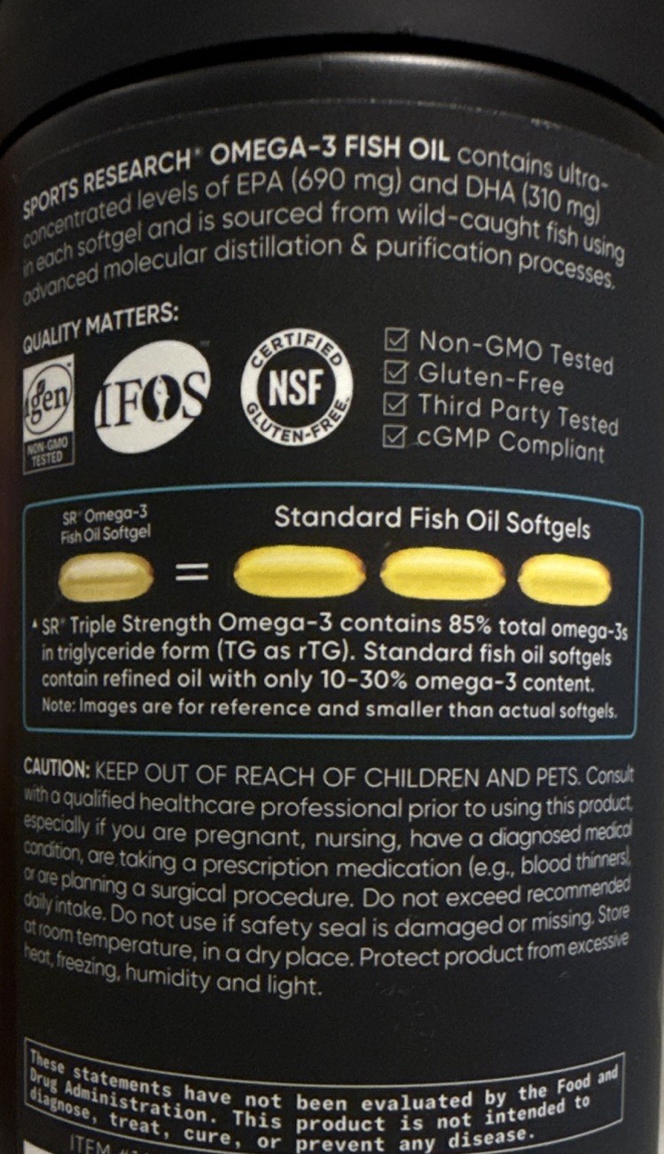 Sports Research Triple Strength Omega-3 Fish Oil 1250mg 150 Softgels Non-GMO