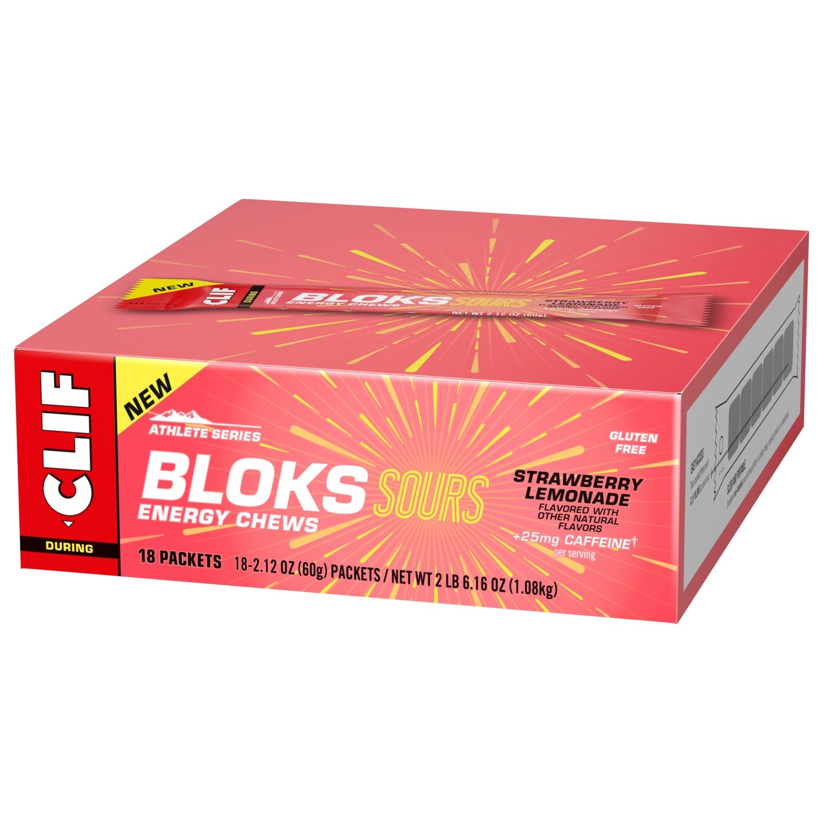 New CLIF Bloks Energy Chews Sour Strawberry Lemonade 25mg Caffein 18 Bars x 60g