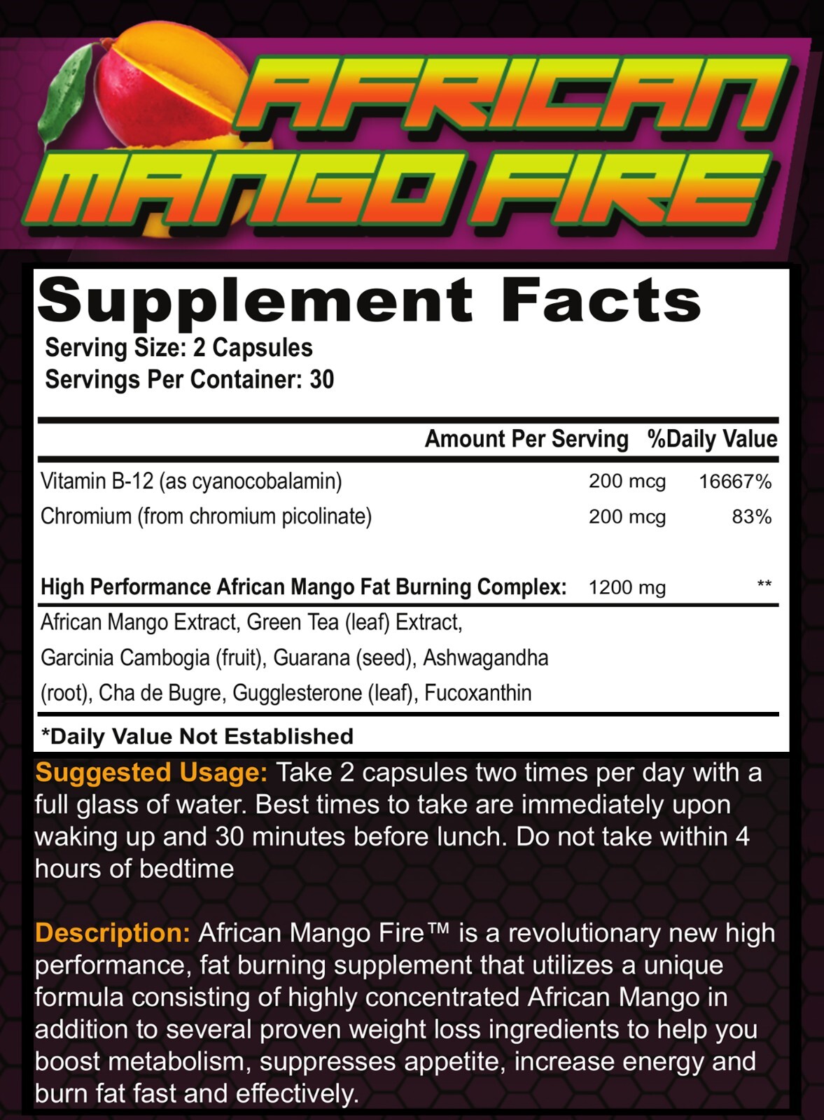 African Mango Fire 60 Capsules Weight Loss and Fat Burner Appetite Suppressant