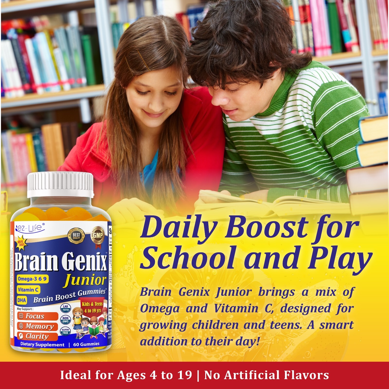 Brain Booster Focus Kids &Teens Gummies, Omega 3 DHA Memory Supplement 60Ct
