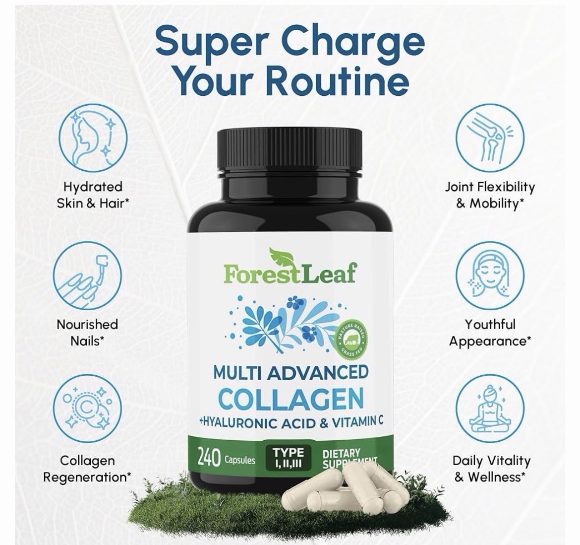 ForestLeaf Advanced Collagen Type I II III + HA + Vitamin C 240 Caps Exp 09/2027