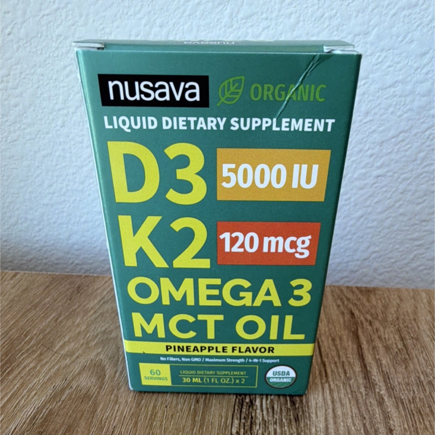 Nusava Organic Liquid D3 K2 Omega 3 MCT Oil Non-GMO Pineapple Flavor 2 Pack