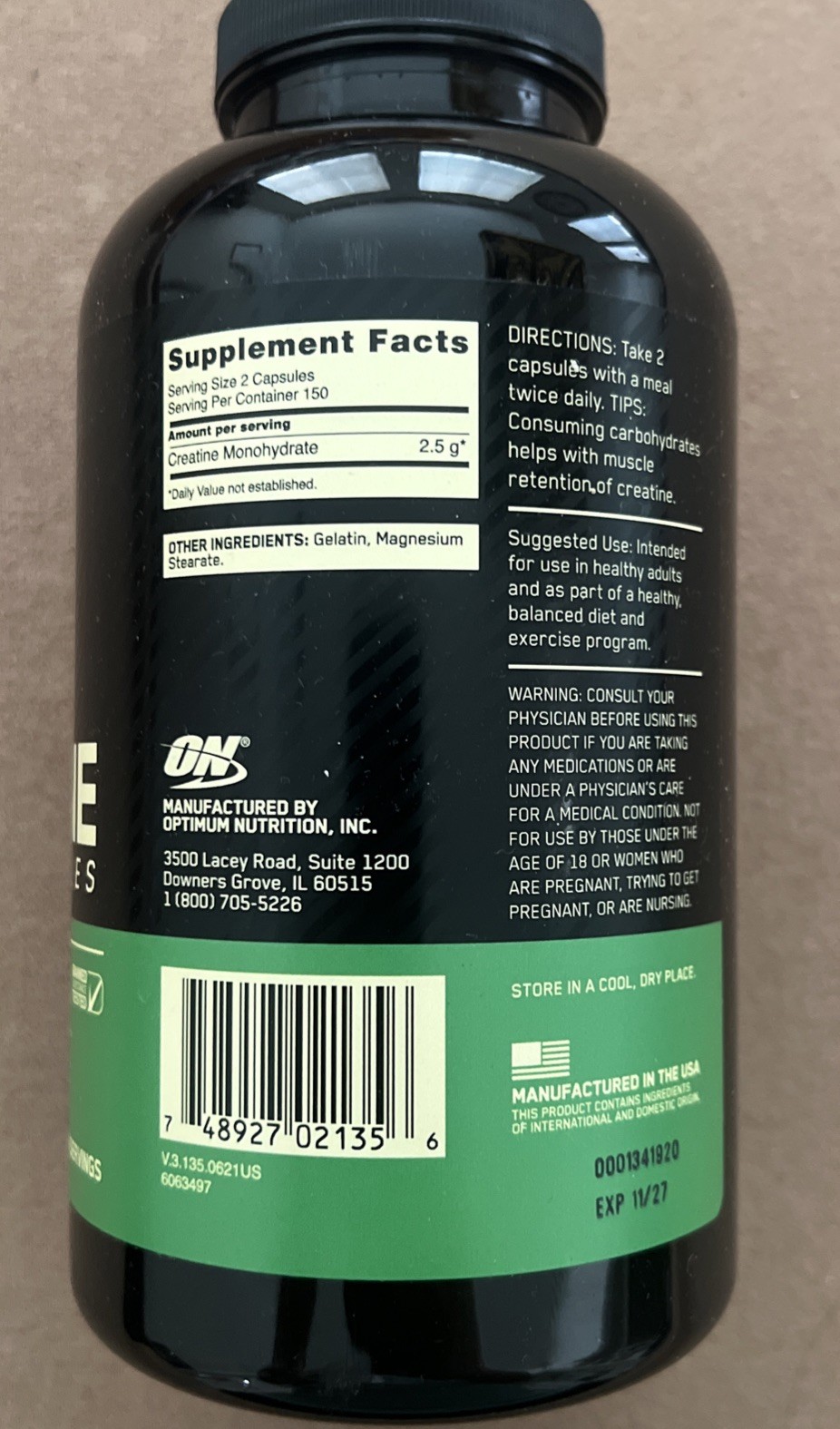 New Optimum Nutrition Micronize Creatine Monohydrate, 300 Capsules Exp 11/27 ON