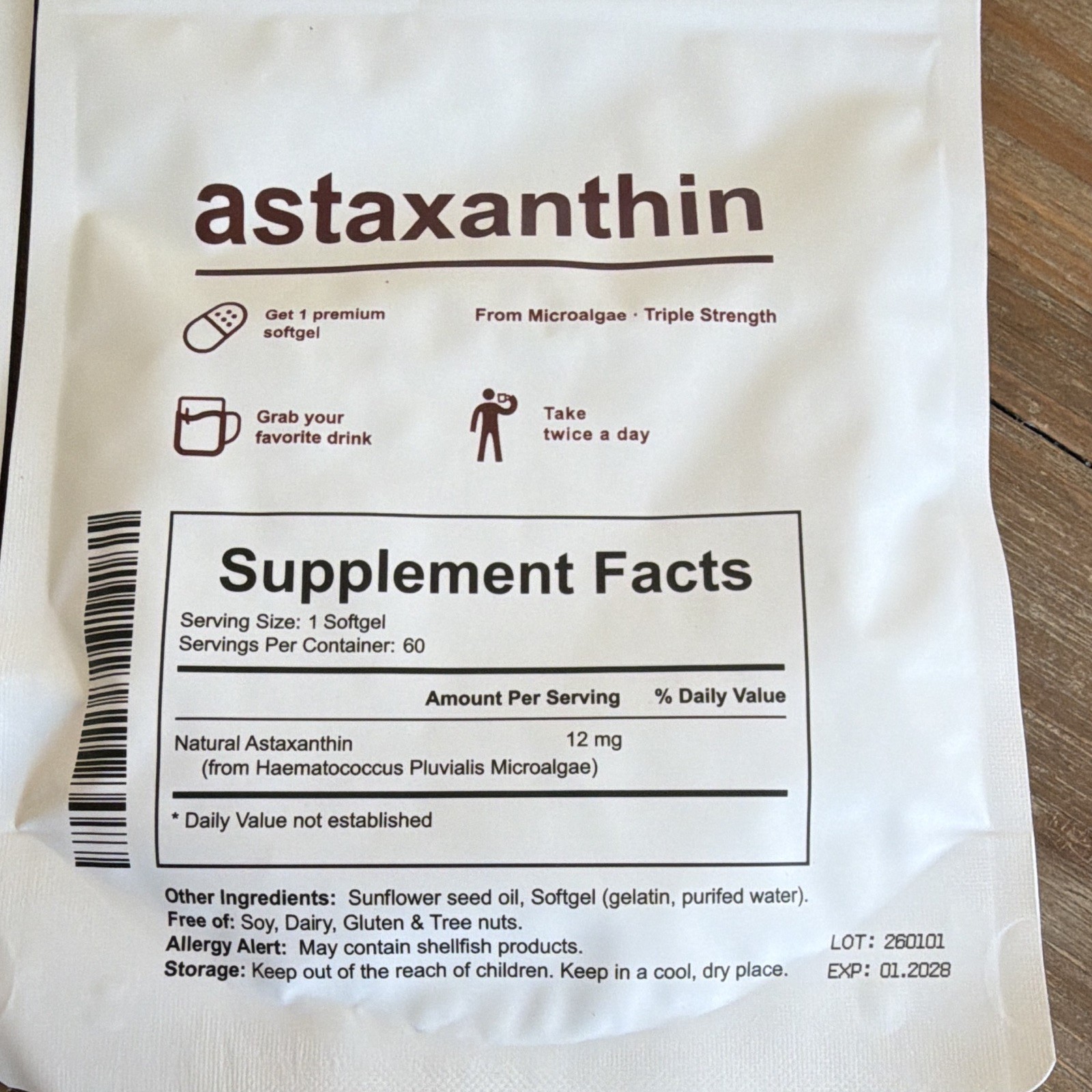 ZERIA Astaxanthin 12mg Softgels 60ct GMO-Free Gluten-Free Lab Tested