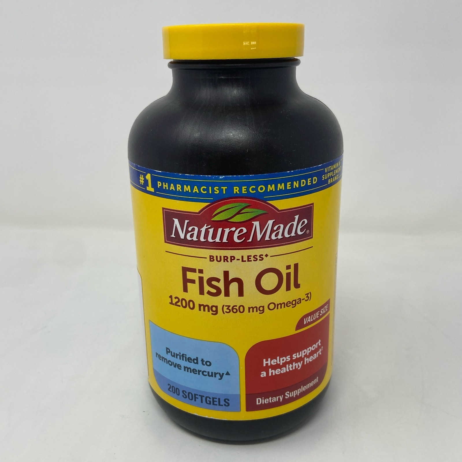 Nature Made Burp-Less Fish Oil 1200mg 200 Softgels Yellow/Black Bottle
