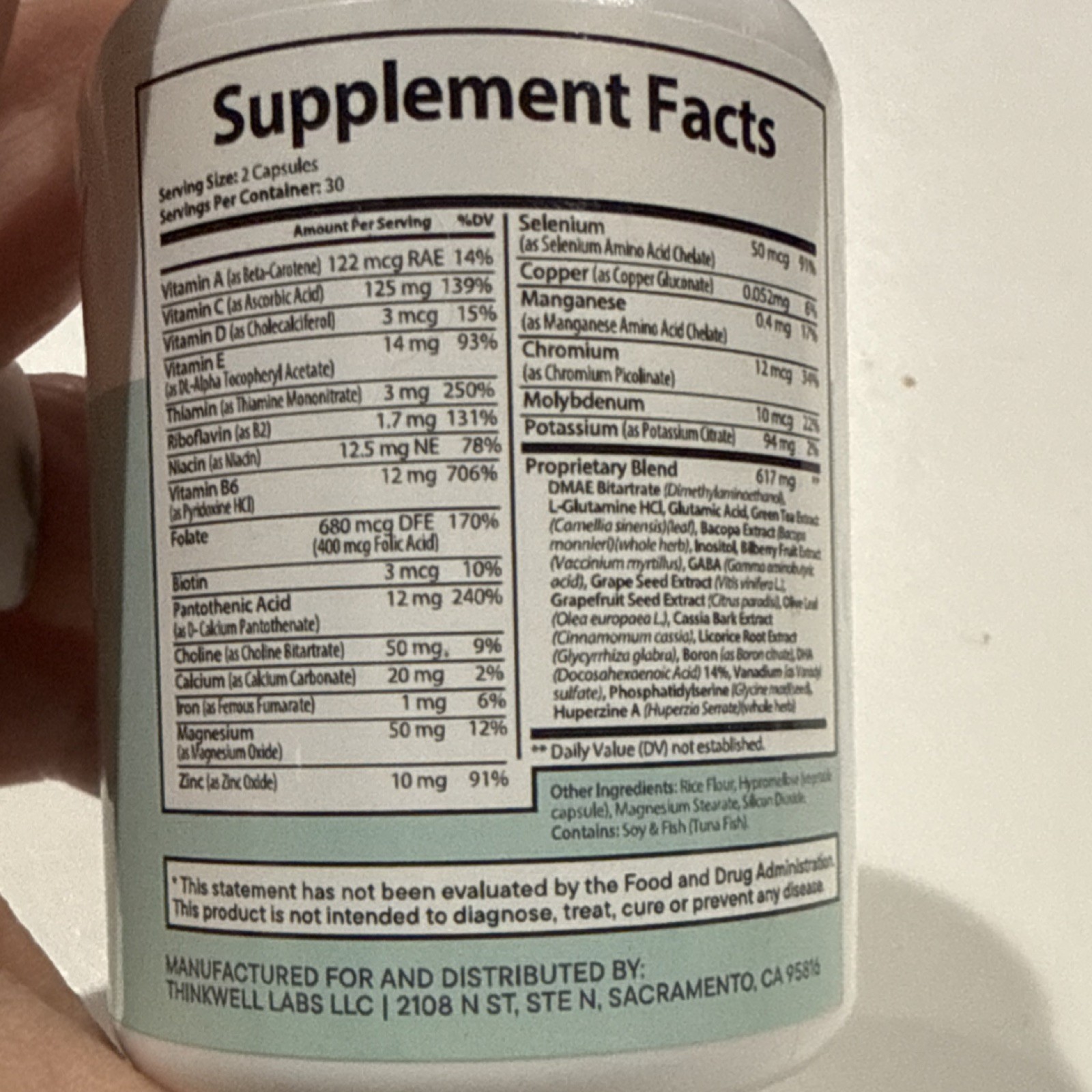 Thinkwell Labs Brain & Focus Formula Boron Huperzine Bacopa DMAE 60 Capsules