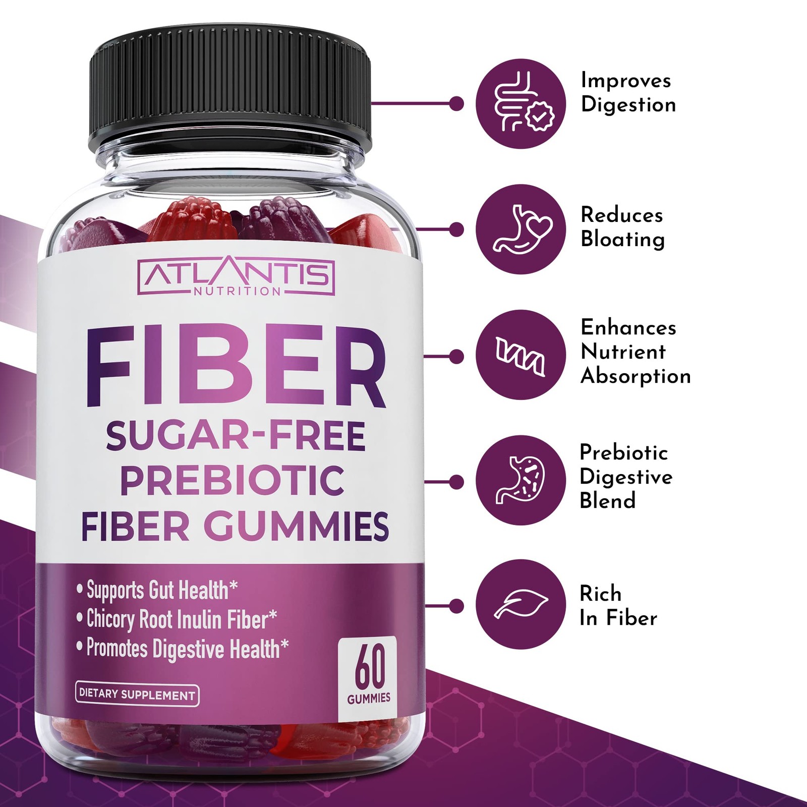 Atlantis Nutrition Sugar Free Fiber Gummies for Adults – 60 Count (Pack of 2)