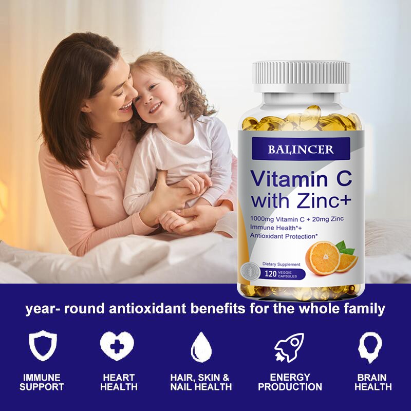 High Potency Vitamin C 1000mg + Zinc 20mg,For Immune System,Brain 30~120Capsules