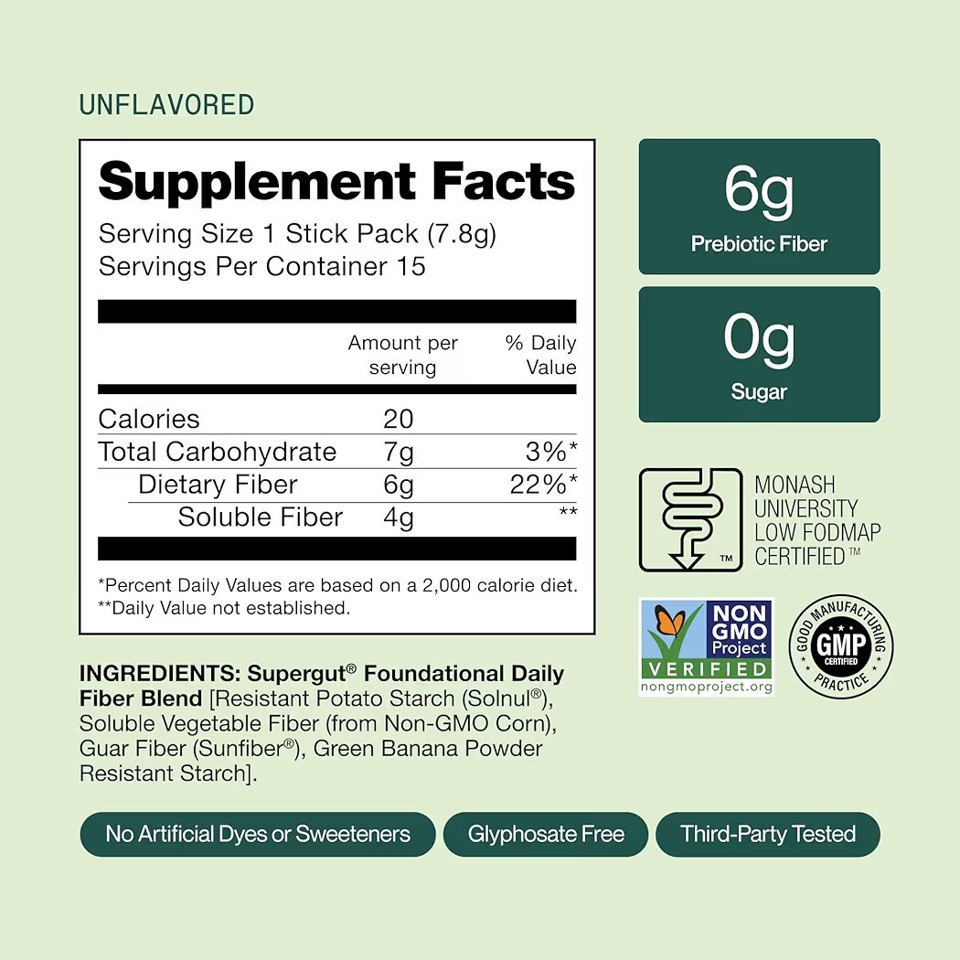 Supergut Foundational Daily Fiber Vegan & Sugar Free Prebiotic Powder 15 Stick