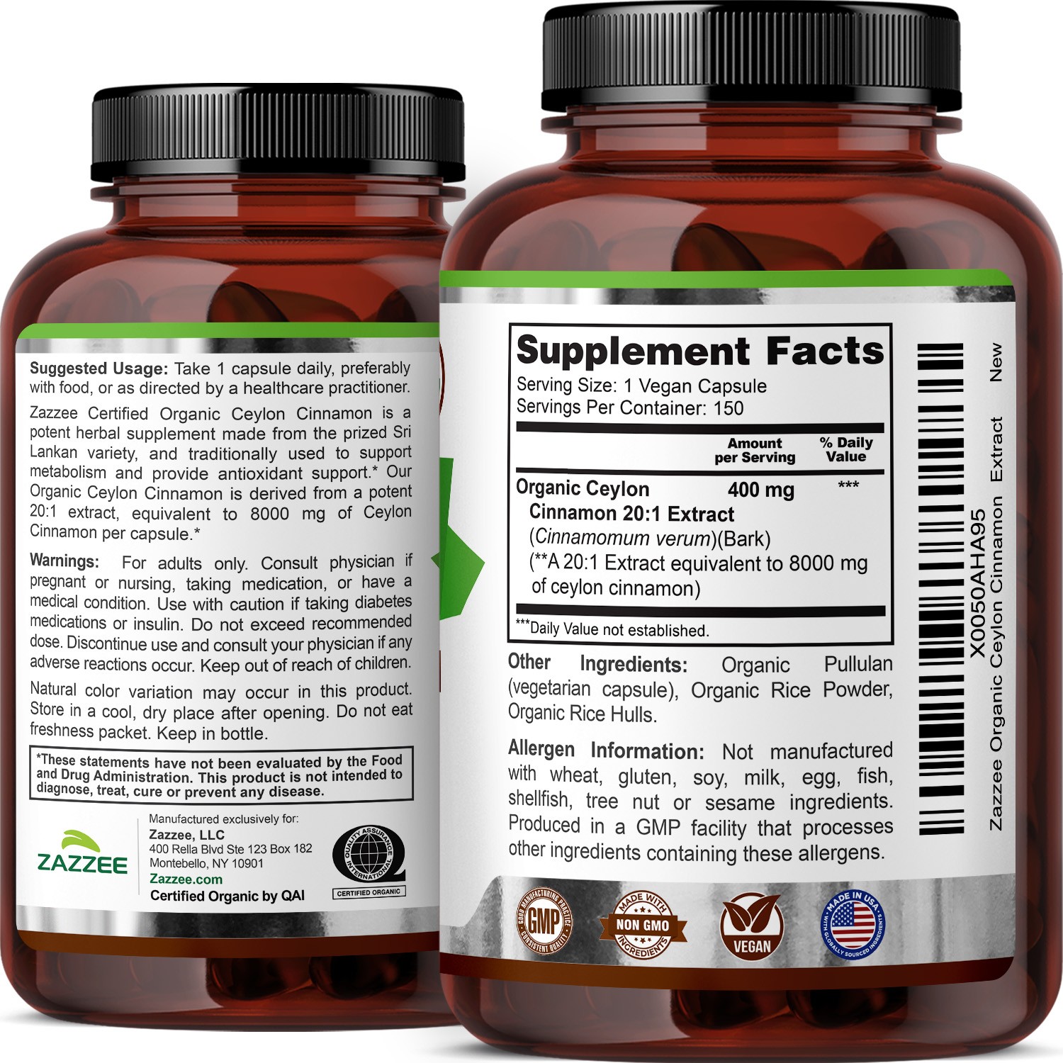 USDA Organic Ceylon Cinnamon 20:1 Extract, 150 Vegan Capsules, 5 Month Supply