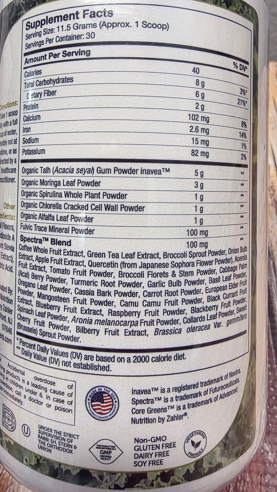Zahler Core Greens Advanced Plant-Based Superfood Powder 12.2 oz (345g) 30