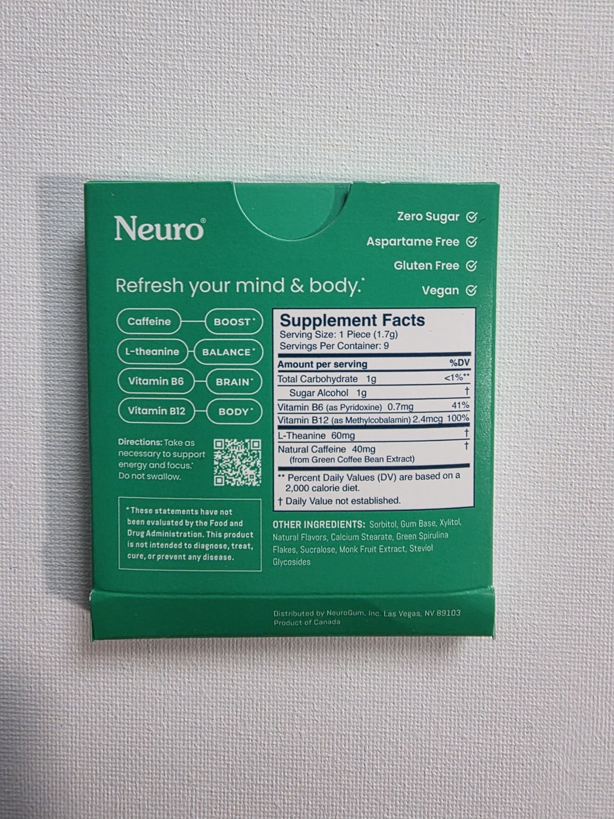 Neuro Gum L-theanine B-12 Nootropics Caffeine 6pk 54 pcs Energy & Focus Variety