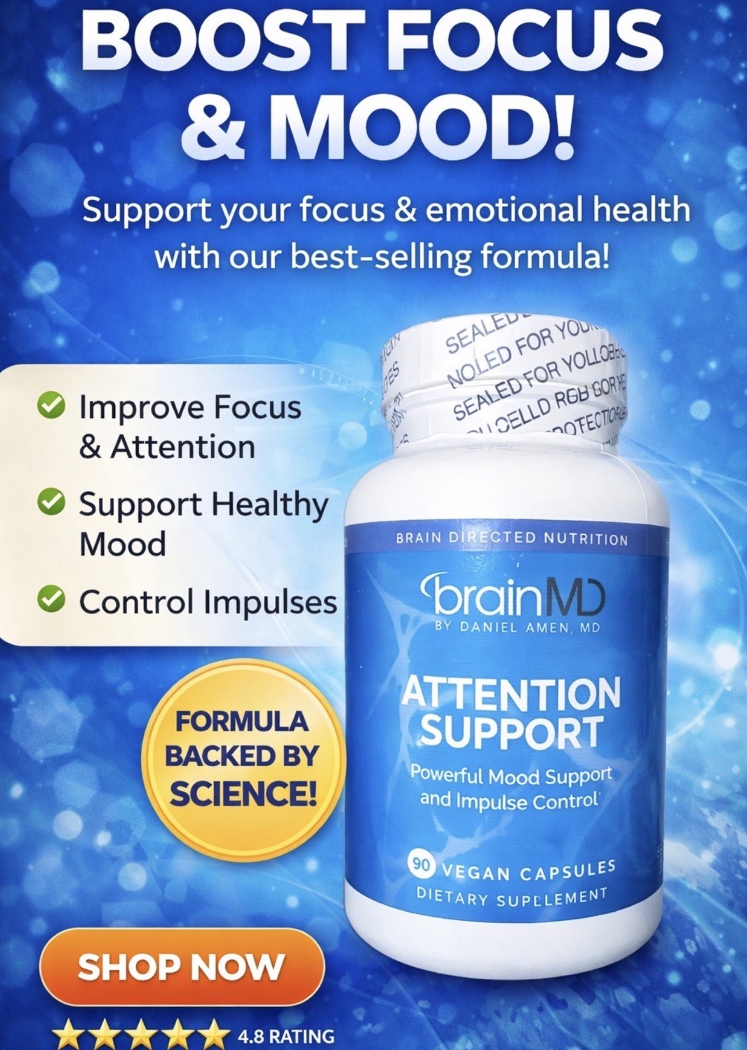 BrainMD Attention Support 90 Vegan Capsules Vitamin B6 Magnesium Choline Zinc