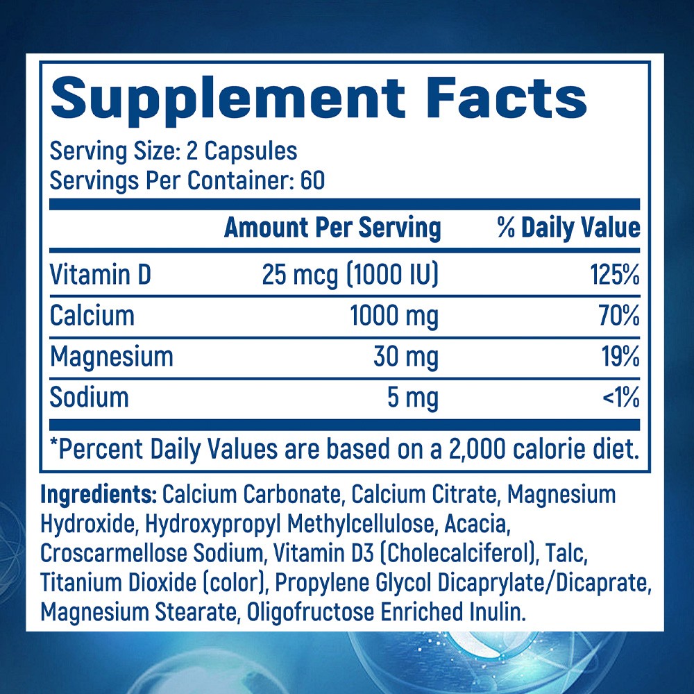 Calcium 1000mg with Vitamin D3 & Magnesium – Supports Skeletal Health 30~120Caps
