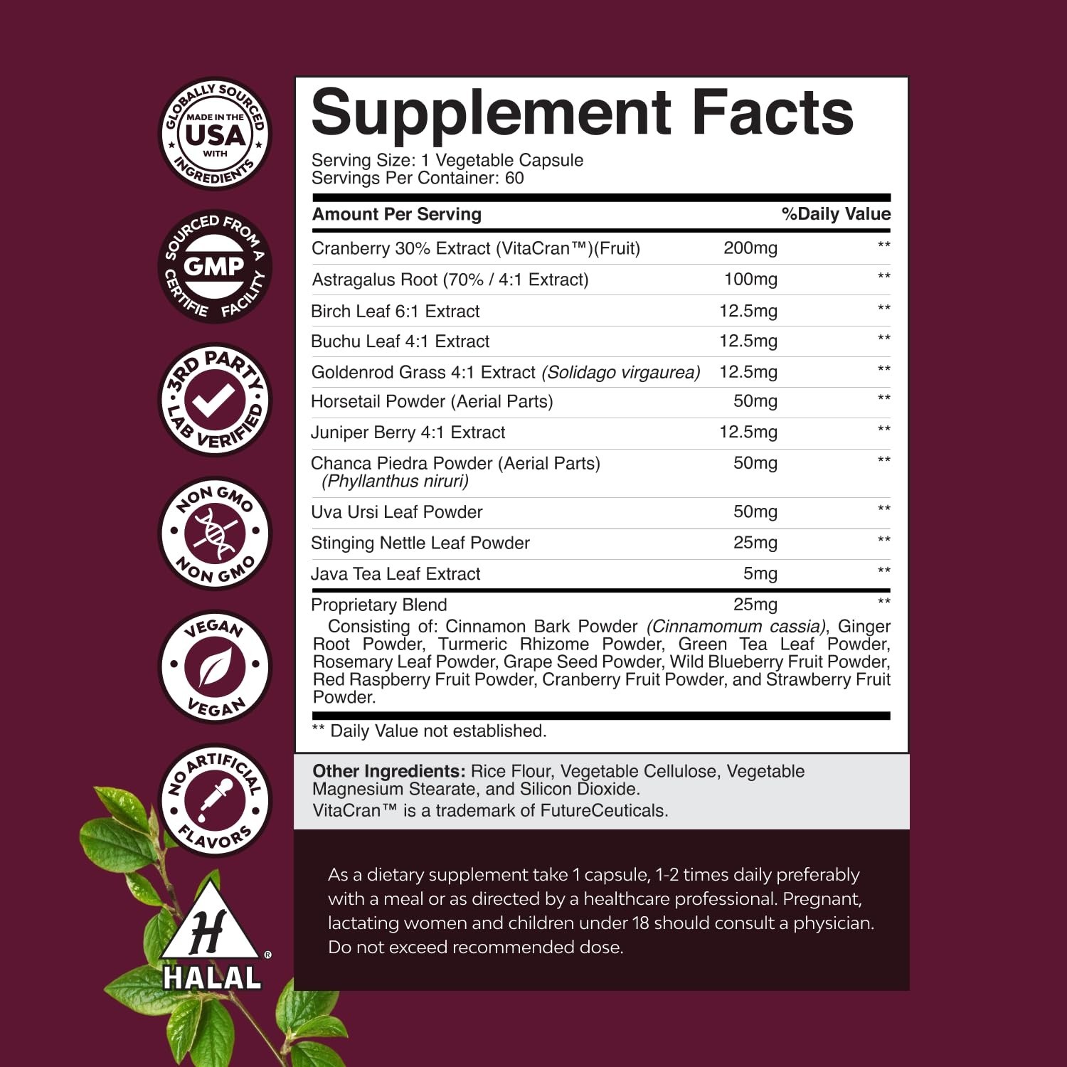 Kidney Support Cranberry Pills for Women and Men – High Strength 60ct