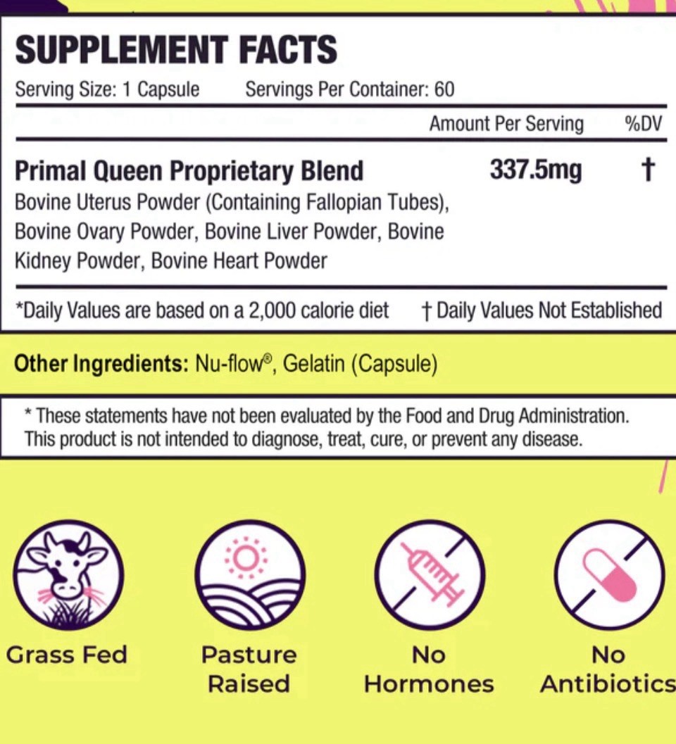 IN STOCK Primal Queen Capsules Women’s Health 60ct Grass Fed No Hormones