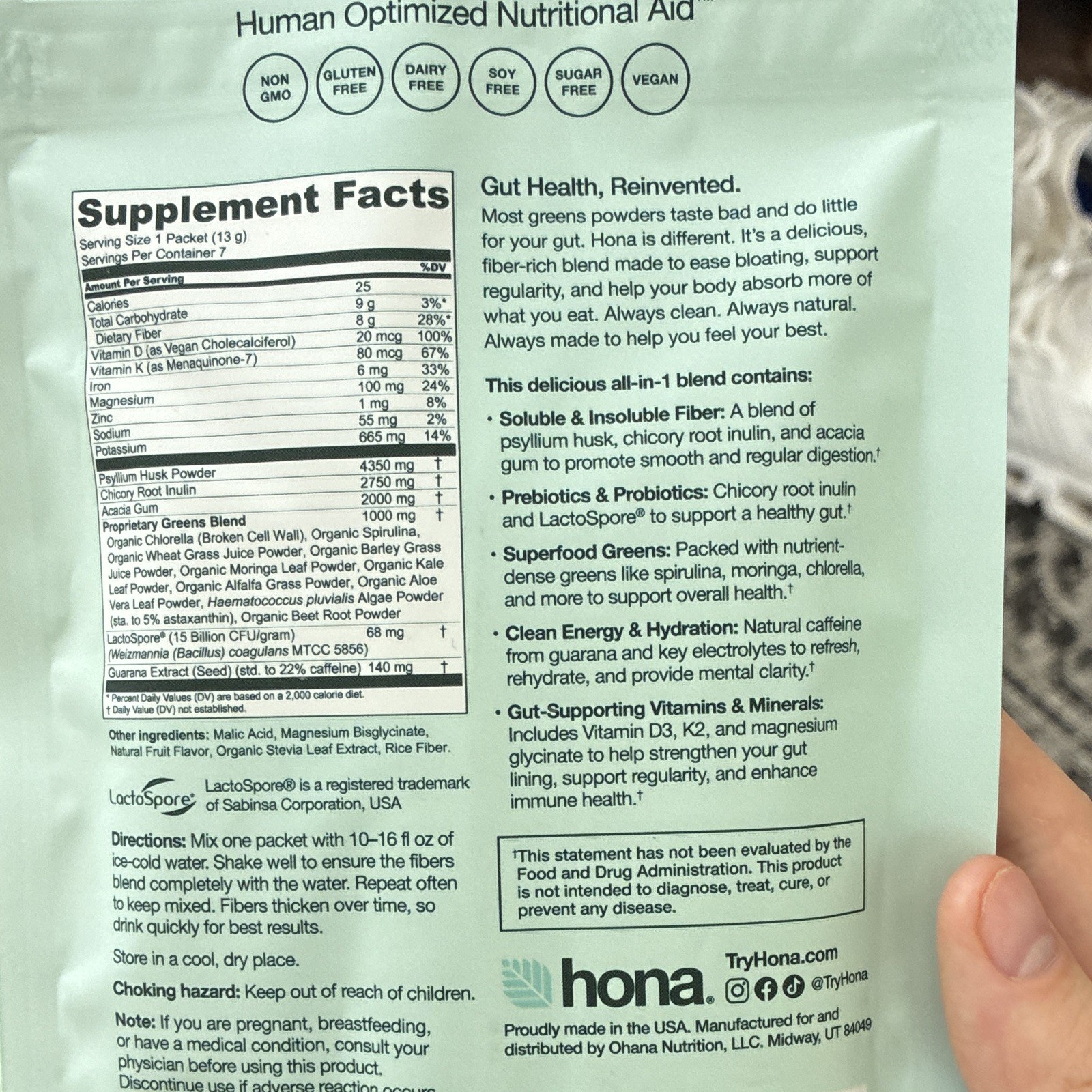 hona Fiber + Greens Gut Superfood Fiber Powder Vegan 3.2oz Exp 01/26