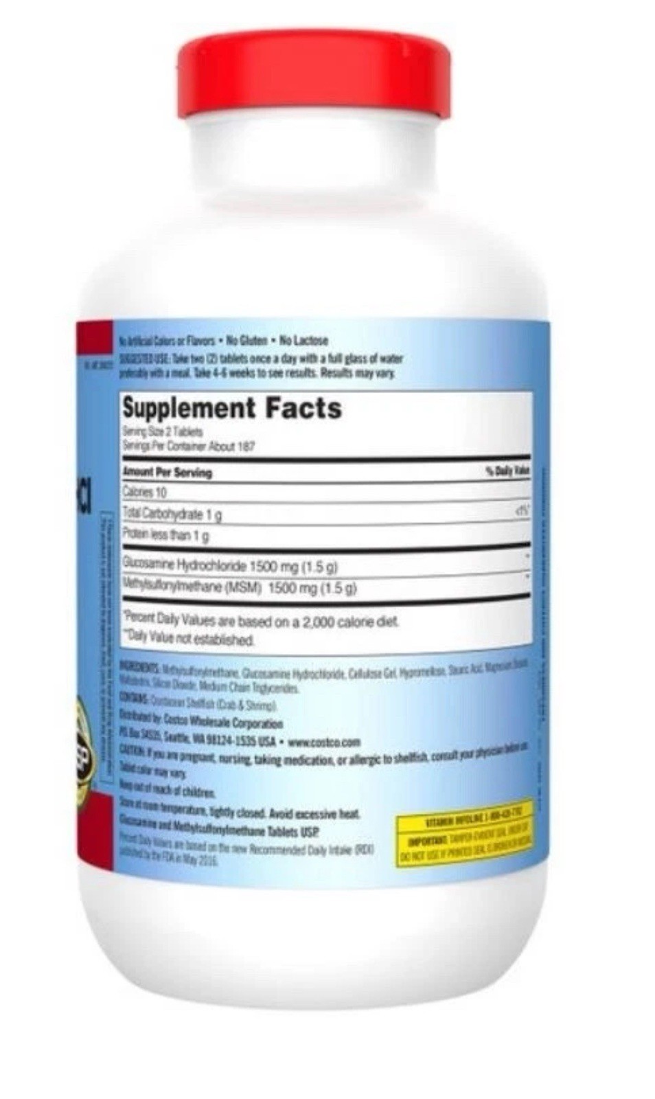 Kirkland Signature Glucosamine HCl with MSM 1500mg 375 Tablets Gluten-Free