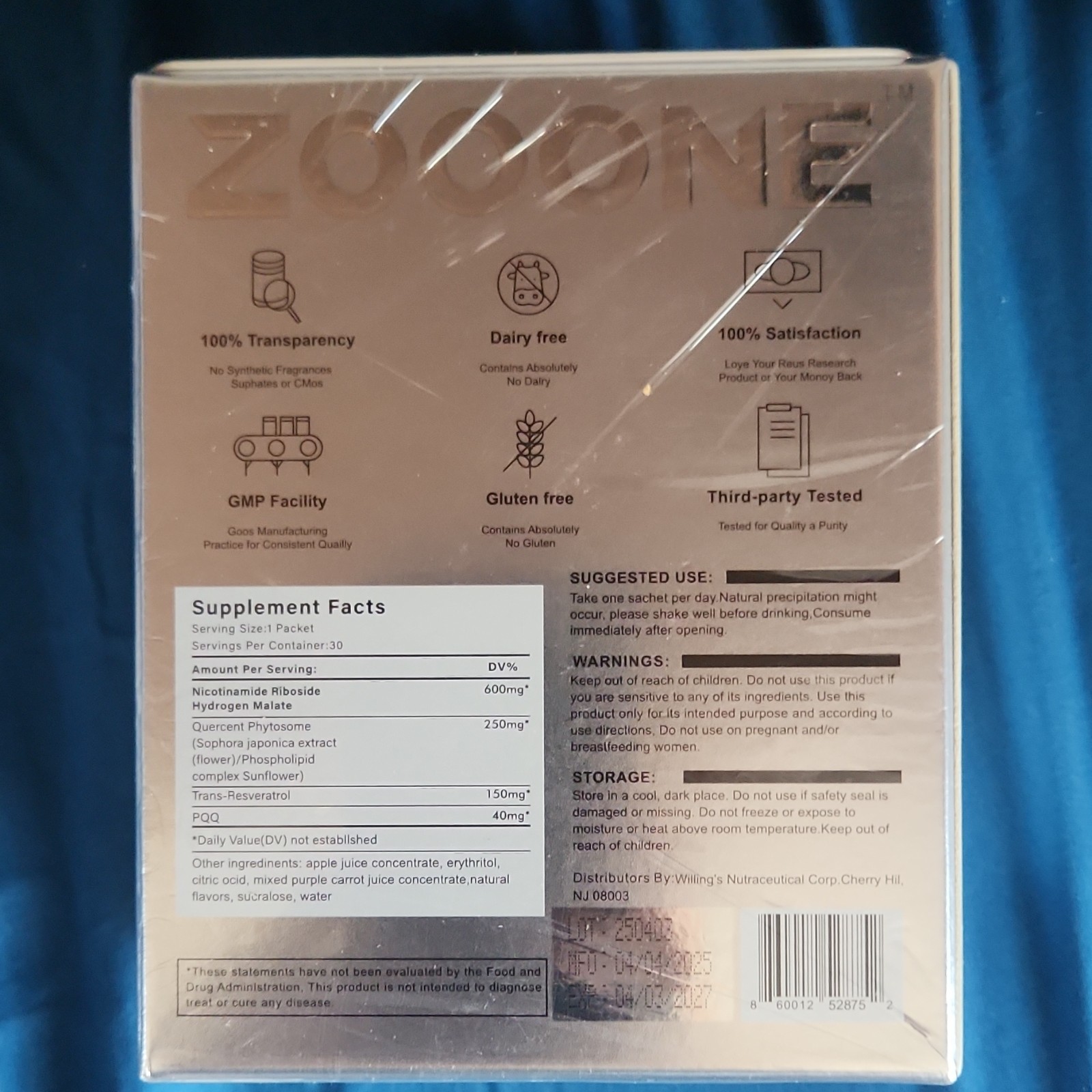 ZOOONE NAD+ Booster 1000mg 30 Packets Nicotinamide Riboside, Dairy & Gluten Free