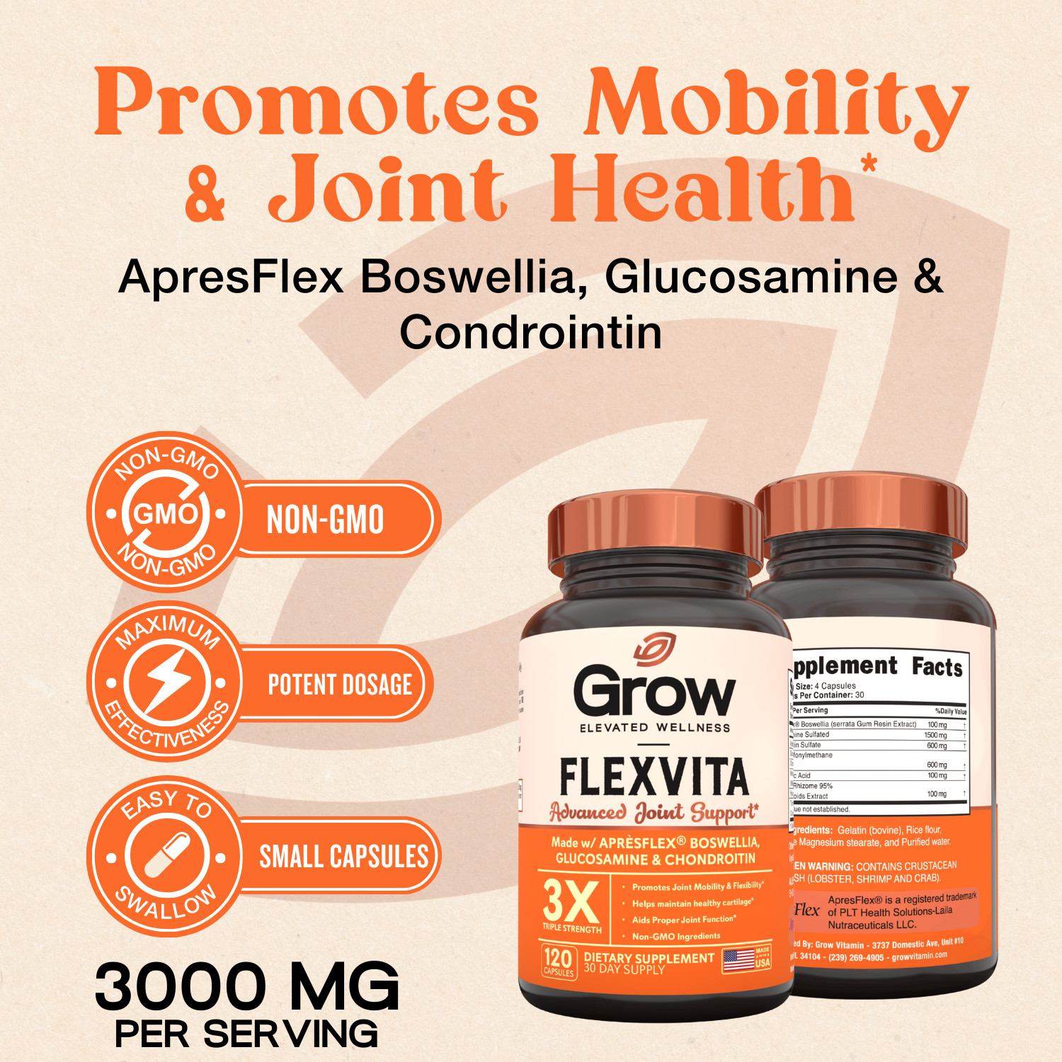 Grow FlexVita – Glucosamine Chondroitin MSM Turmeric Boswellia 120 Capsules