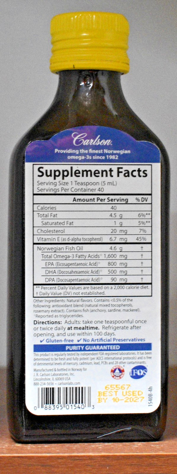 Carlson The Very Finest Fish Oil Lemon Norwegian 1600mg Omega-3 6.7 oz (200 mL)