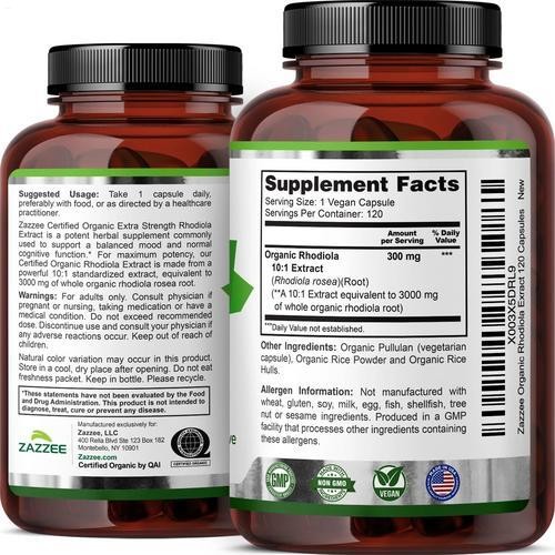 3 X Zazzee Organic Rhodiola 10:1 Exract, 3000 mg Strength, 120 Vegan Capsules