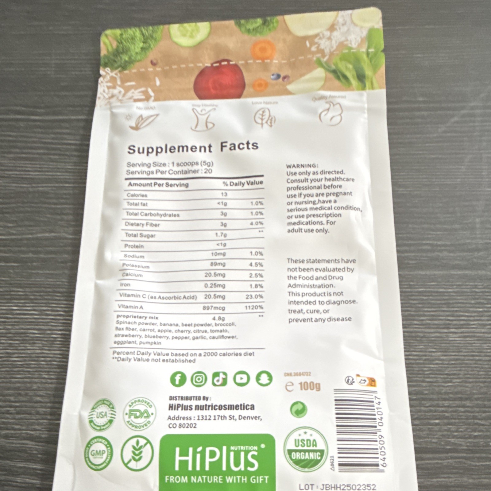 HiPlus Fruit & Veggie Superfood Powder USDA Organic 3.53oz (100g) Exp 12/25
