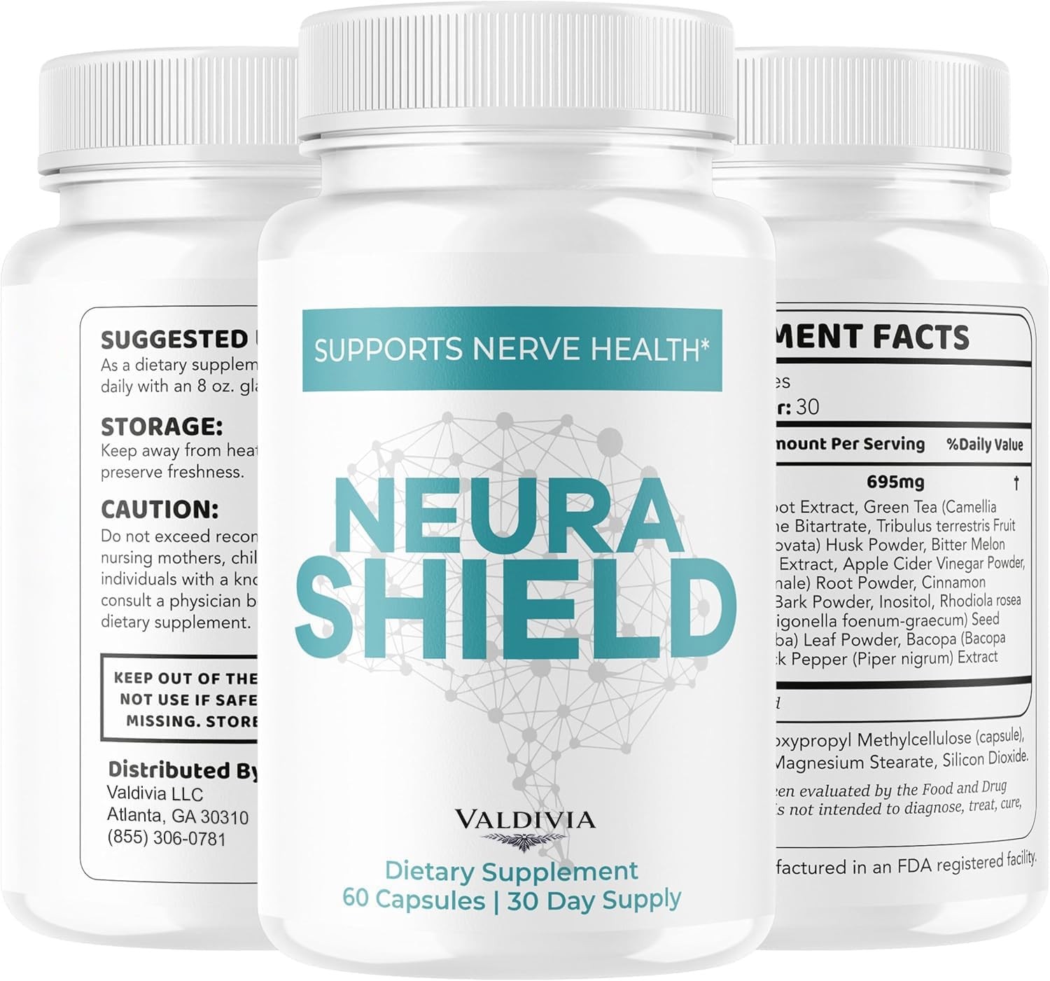 Valdivia NeuraShield 180 Capsules 3 Pack Nerve Support Supplement Made in USA