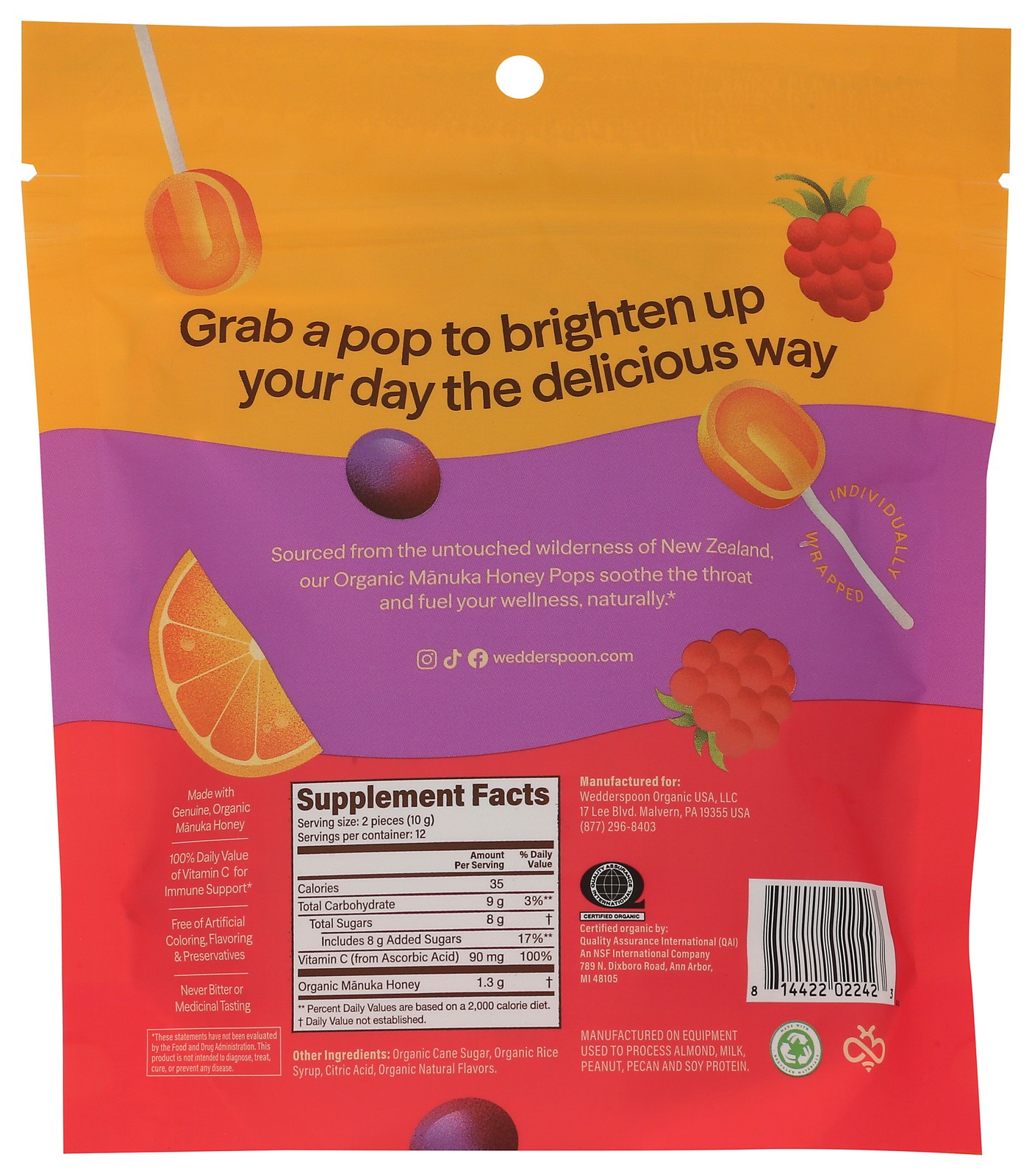 Organic Manuka Honey Pops Wedderspoon 24 Count 4.15 Oz Variety Vitamin C 6 Pack