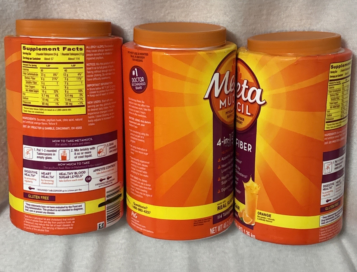 Metamucil 4-in-1 Fiber Powder-Orange Flavor-48.2 Oz(3 Lb) ea. Lot of 3-EX2028