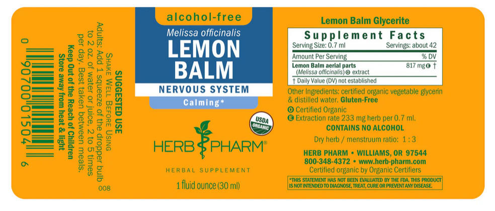 Herb Pharm LEMON BALM 1 oz Nervous System Calm Organic Alcohol Free Liquid Drops