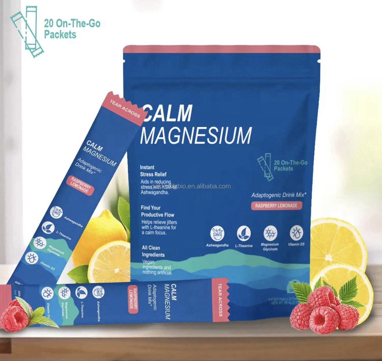 SUPRACALM Adaptogenic Drink Mix Raspberry Lemonade 20 Packets Ashwagandha