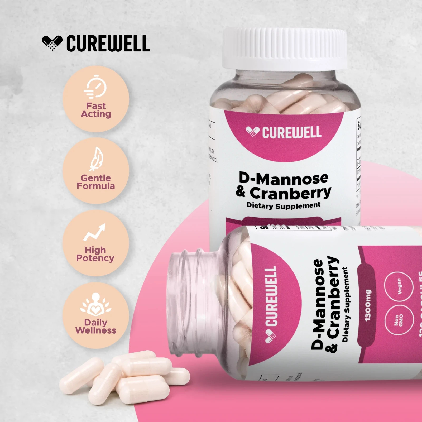 CUREWELL D-Mannose & Cranberry 1300mg (120 Capsules) | Vegan & Non-GMO