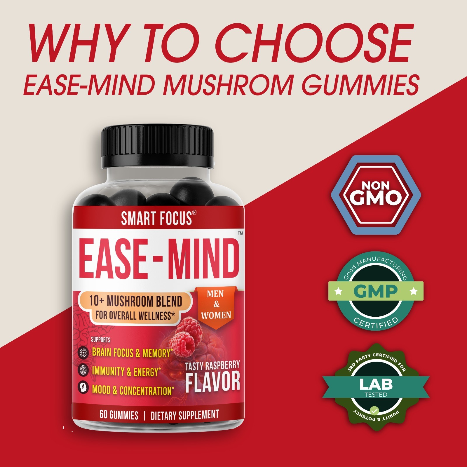 Ease-Mind Mushroom Gummies Lions Mane Reishi Cordyceps Focus Support 60ct
