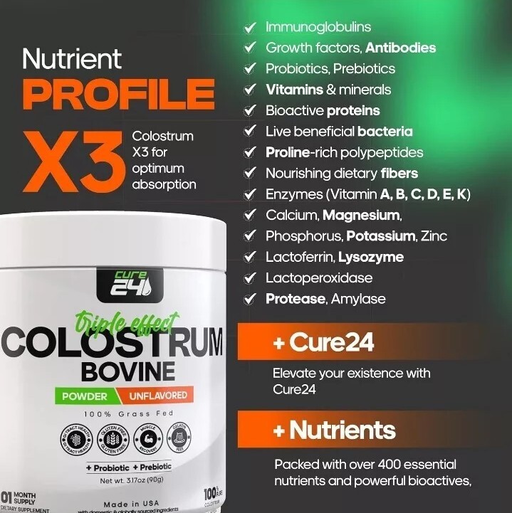 Cure 24 Bovine Colostrum X3 Supplement Powder Triple Effect Grass Fed High IgG